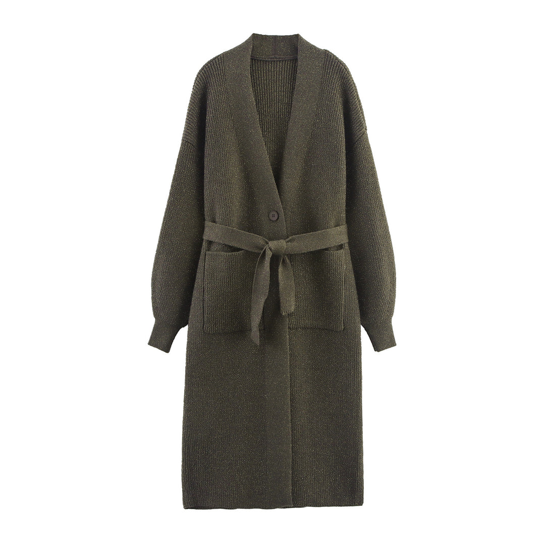 Damen Lange Strickjacke mit Gürtel und Taschen EB