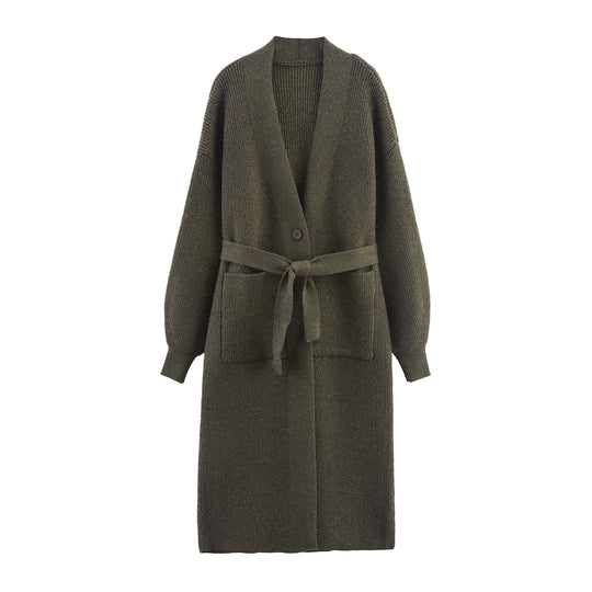 Damen Lange Strickjacke mit Gürtel und Taschen EB