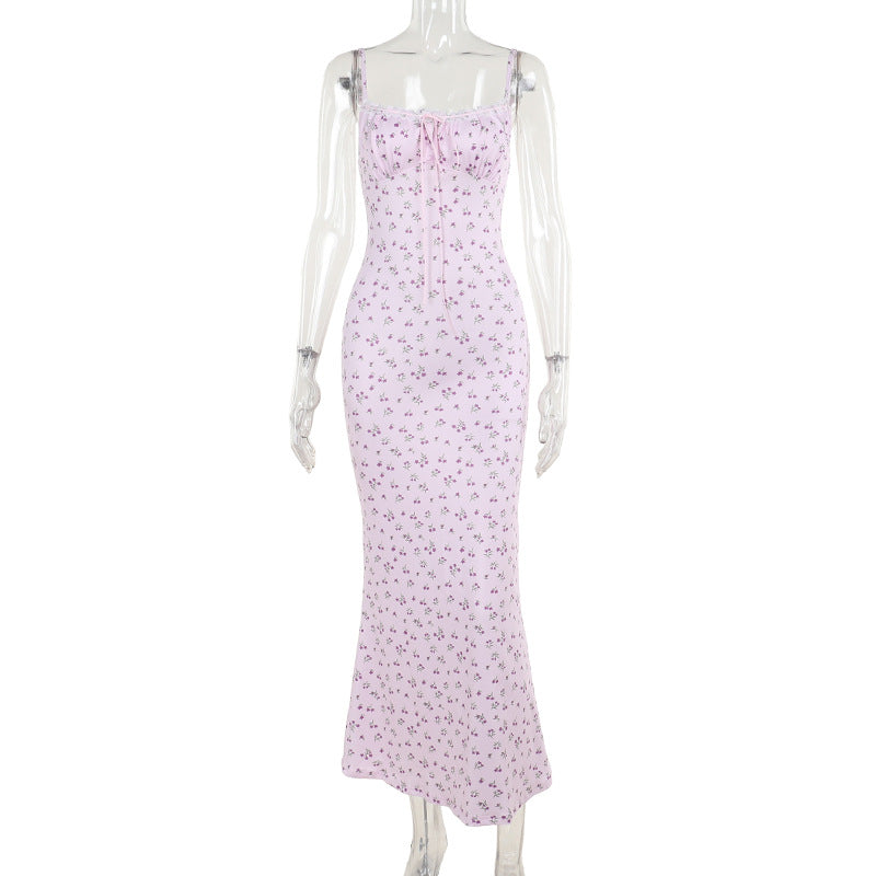 Damen Blumen-Midikleid mit verstellbaren Spaghettiträgern und eleganter Raffung EB