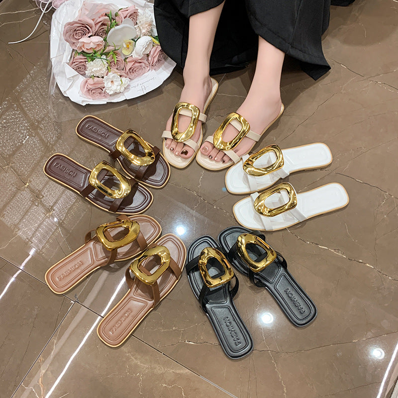 Damen modische Zehentrenner-Sandalen mit elegantem Metall-Detail EB