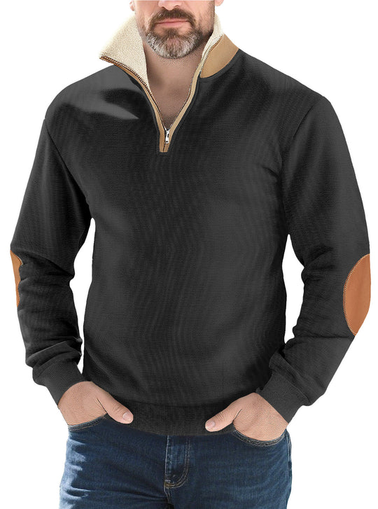 Herren nan Strukturstrick-Halbzipppullover mit wärmendem Sherpa-Kragen und Velours-Ellenbogenapplikation EB