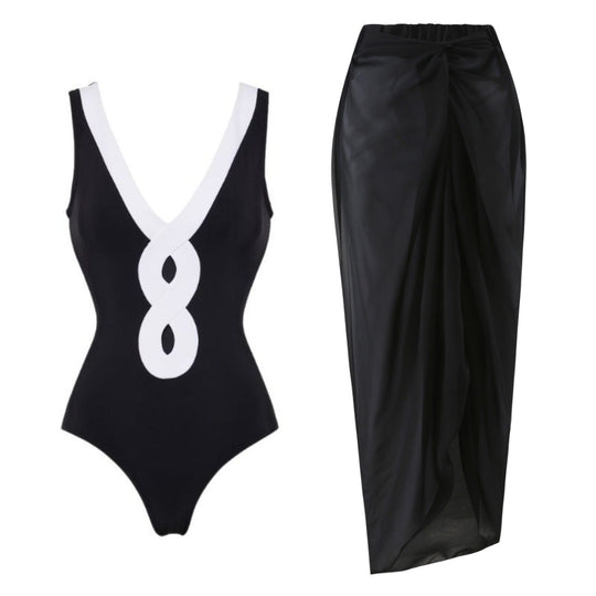 Damen Bandeau-Badeanzug mit elegantem Wickelrock EB