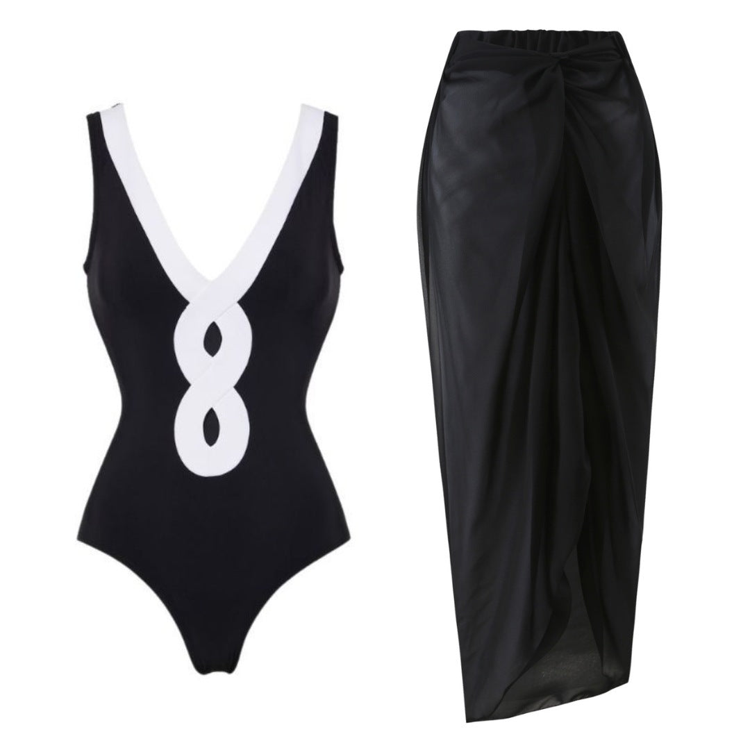 Damen eleganter V-Ausschnitt Schwimmanzug mit stilvollem Wickelrock EB