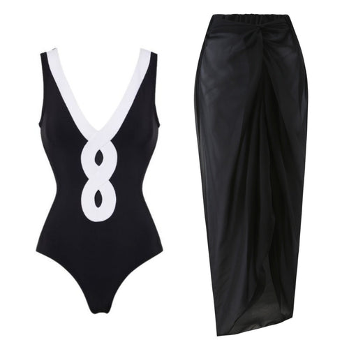 Damen eleganter V-Ausschnitt Schwimmanzug mit stilvollem Wickelrock EB