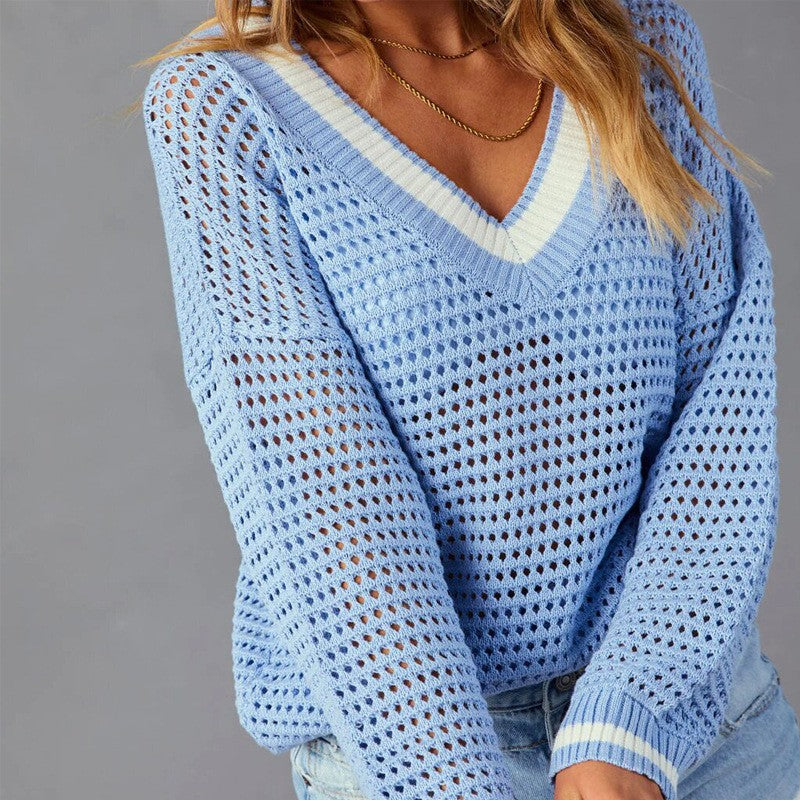 Damen Netzpullover im lässigen Oversized-Stil mit V-Ausschnitt und Rippenbündchen EB