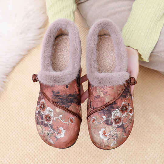Damen Warme Hausschuhe mit floralem Design und kuscheligem Innenfutter EB