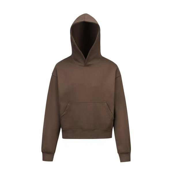 Damen nan kurzgeschnittener Boxy-Kapuzenpullover mit Kängurutasche und geripptem Komfortbund EB
