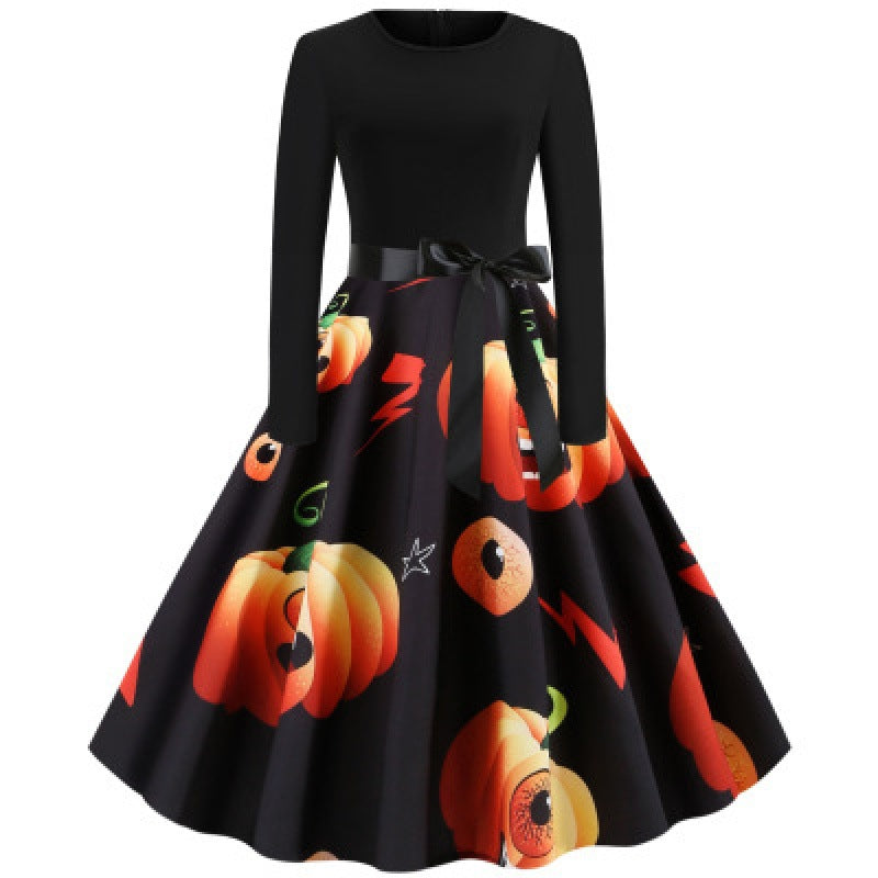 Damen Vintage Swingkleid mit Kürbisprint, langärmlig und taillierter Satinschleife EB