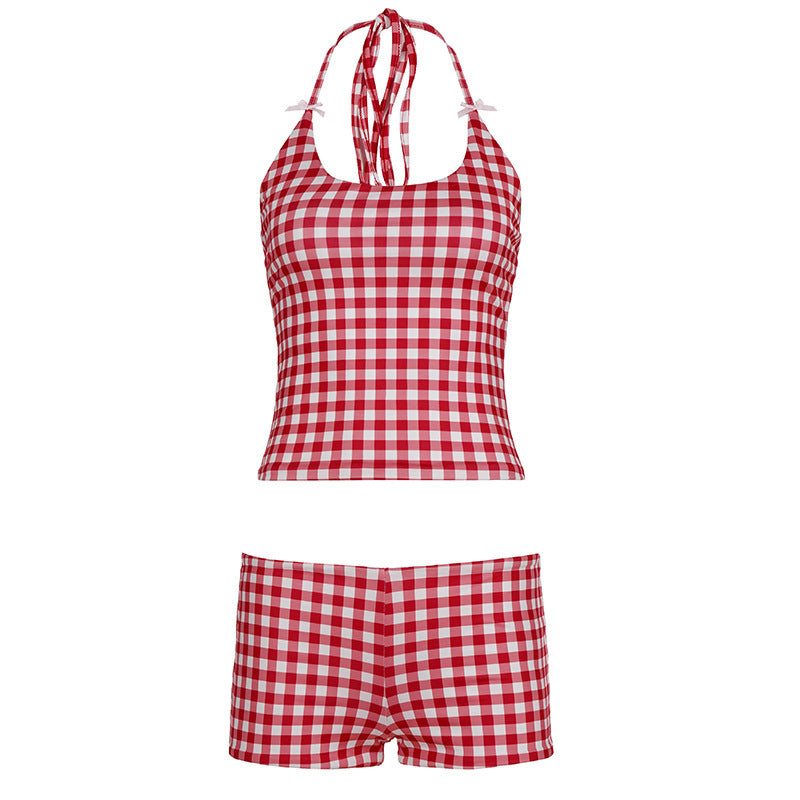 Damen Gingham Muster Badeanzug mit verstellbarem Halter EB