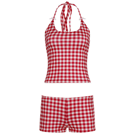 Damen Gingham Muster Badeanzug mit verstellbarem Halter EB