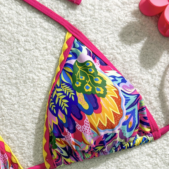 Damen Triangel-Bikini mit buntem Muster und verspielten Bindebändern EB