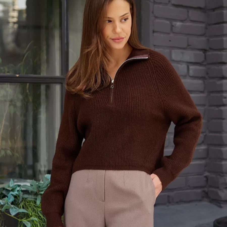 Damen Cozy Pullover mit Kragen und Reißverschluss EB