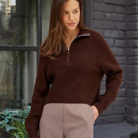 Damen Cozy Pullover mit Kragen und Reißverschluss EB