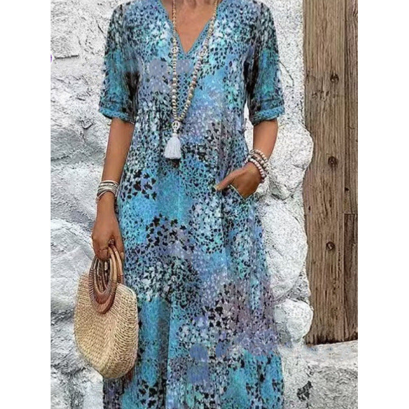 Damen Strandkleid im lässigen Stil mit Taschen und V-Ausschnitt EB