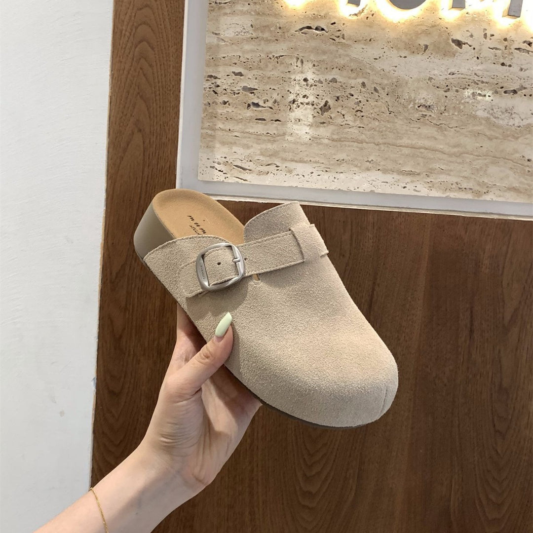 Damen bequeme Clogs mit dekorativem Schnallenverschluss und hochwertigem Veloursleder EB