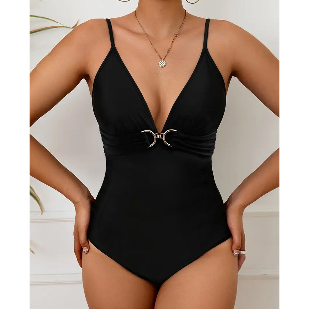 Damen Eleganter Einteiler Badeanzug mit V-Ausschnitt und Zierdetails EB