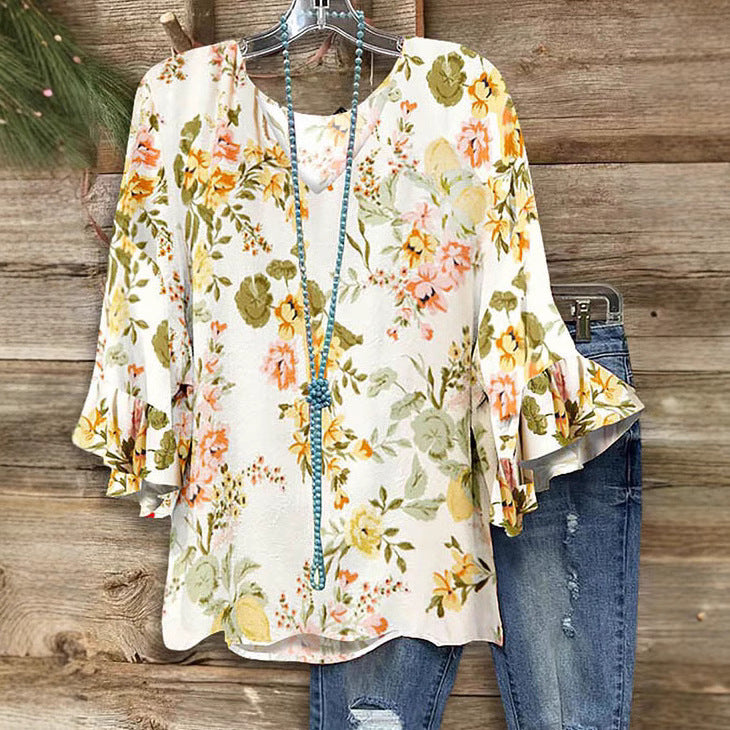 Damen Bluse mit floralem Muster und Rüschendetails EB