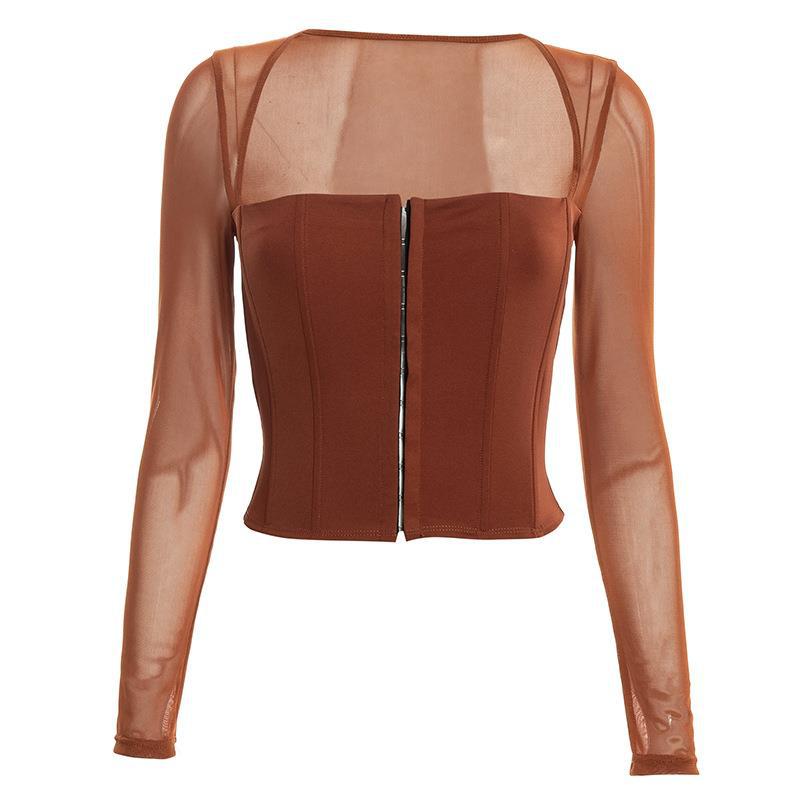Damen Cropped Oberteil mit transparenten Ärmeln und strukturiertem Schnitt EB