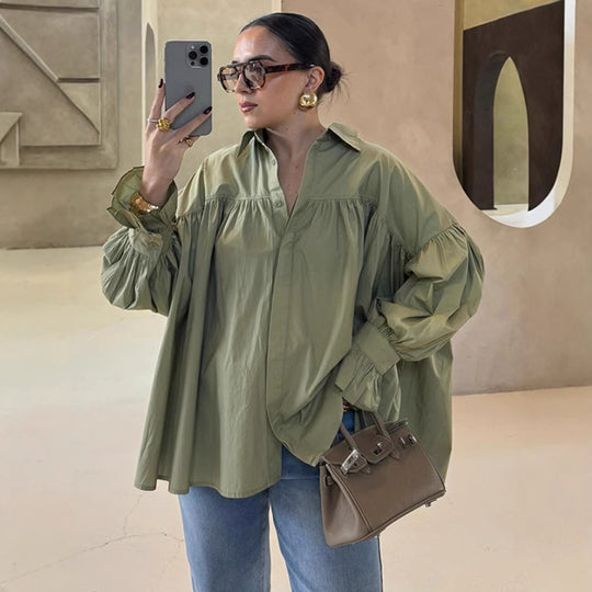 Damen Oversized Bluse mit Rüschendesign EB