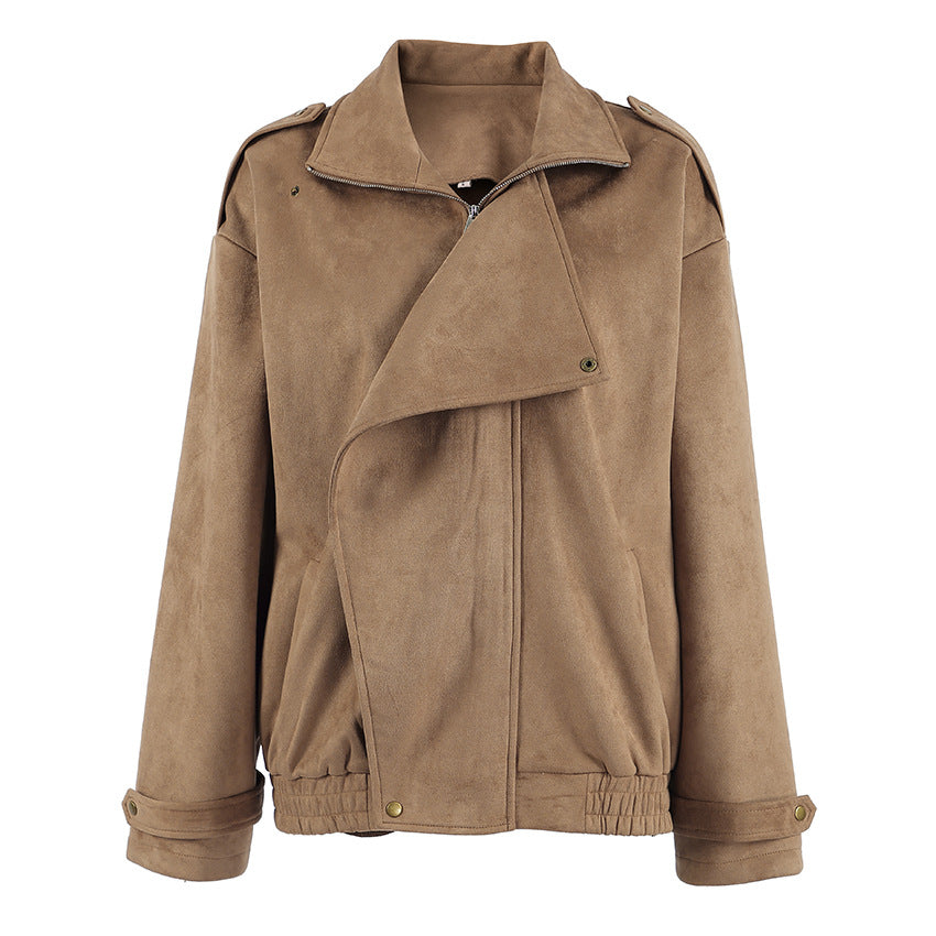 Damen Modische Suede-Bomberjacke mit praktischen Taschen und Reißverschluss EB