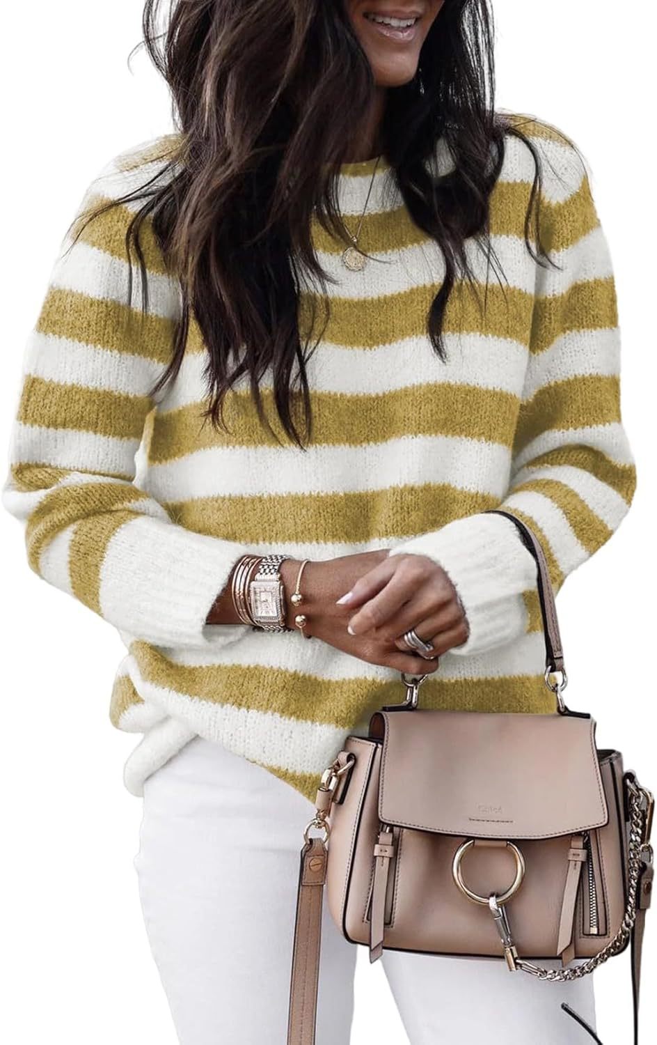 Damen lässiger Strickpullover mit breiten Querstreifen EB