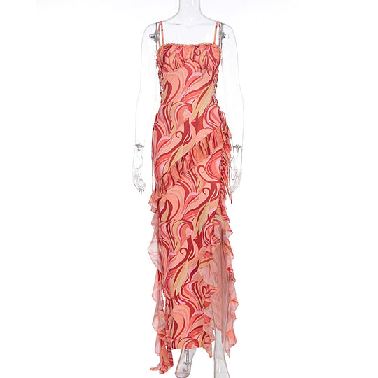 Damen Maxi-Kleid mit Rüschendetails und fließendem Muster EB