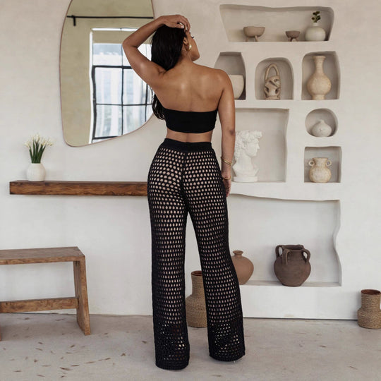Damen Set aus gehäkeltem Oberteil und weitem Palazzo-Hosen EB