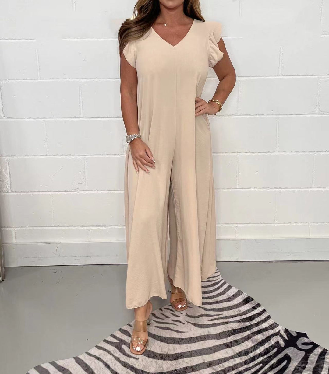 Damen luftiger Jumpsuit mit weit geschnittenem Bein und V-Ausschnitt EB