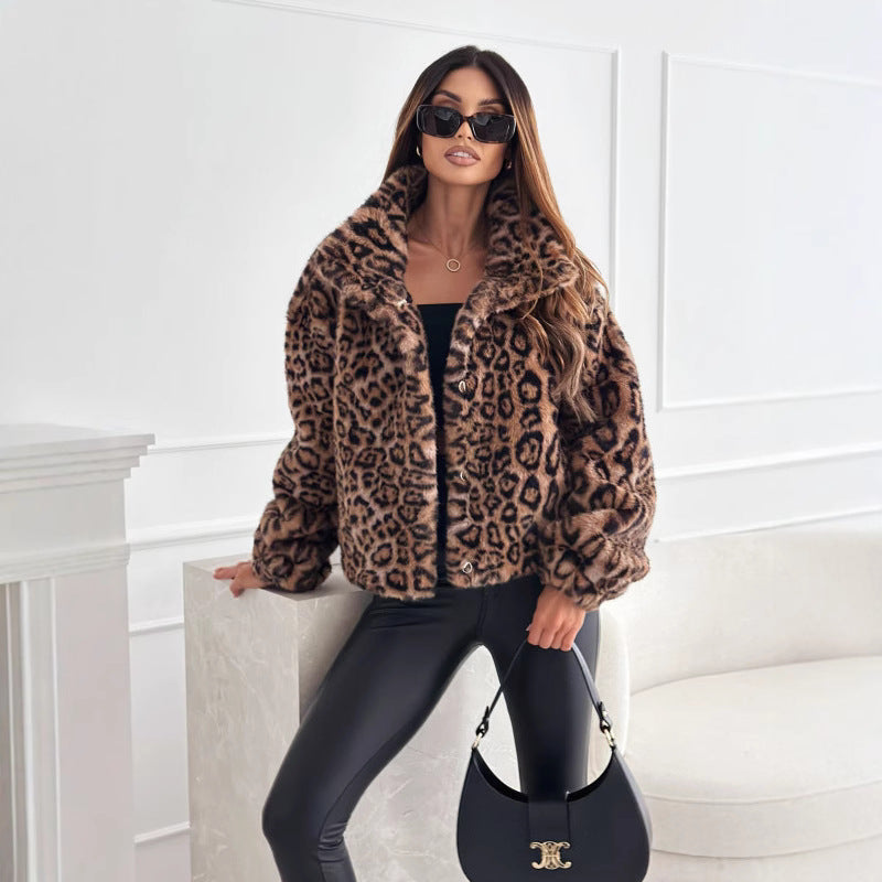 Damen kuschelige Leopardenfell Jacke EB