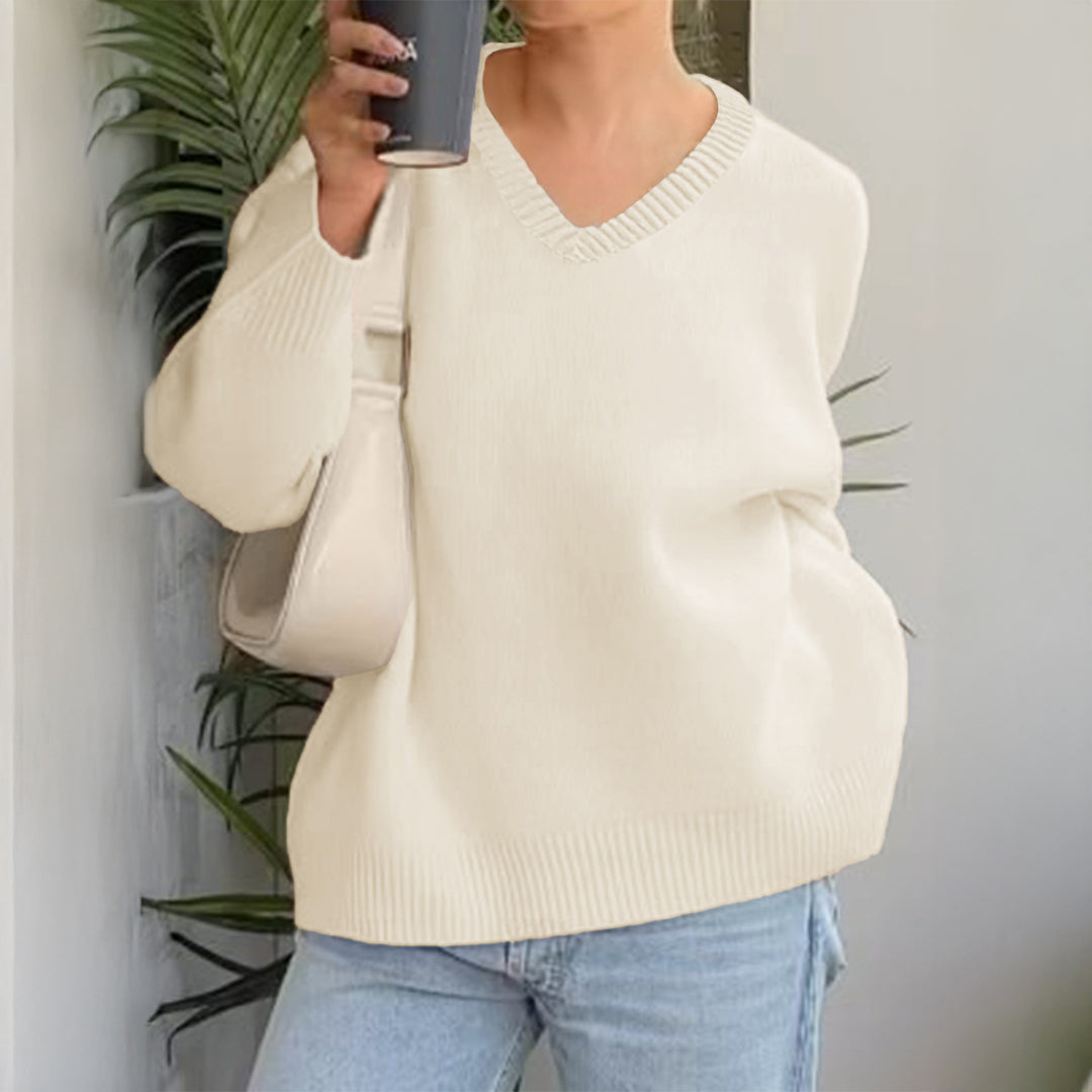 Damen nan oversized V-Ausschnitt Feinstrickpullover mit überschnittener Schulter, langen Kimonärmeln und breitem Rippbund EB
