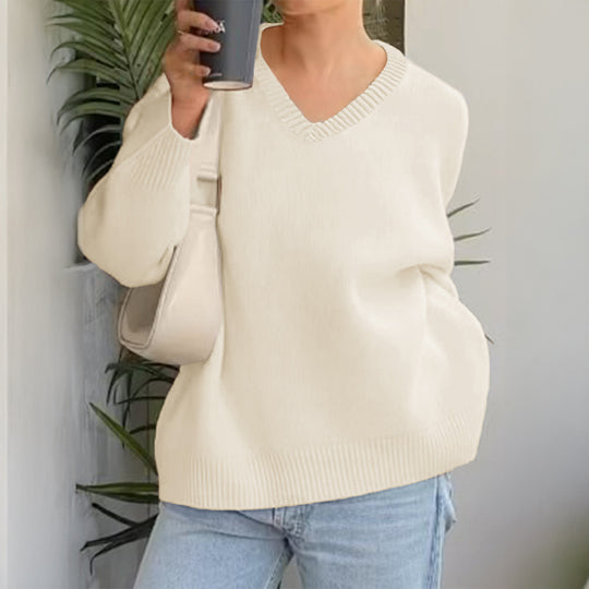 Damen nan oversized V-Ausschnitt Feinstrickpullover mit überschnittener Schulter, langen Kimonärmeln und breitem Rippbund EB