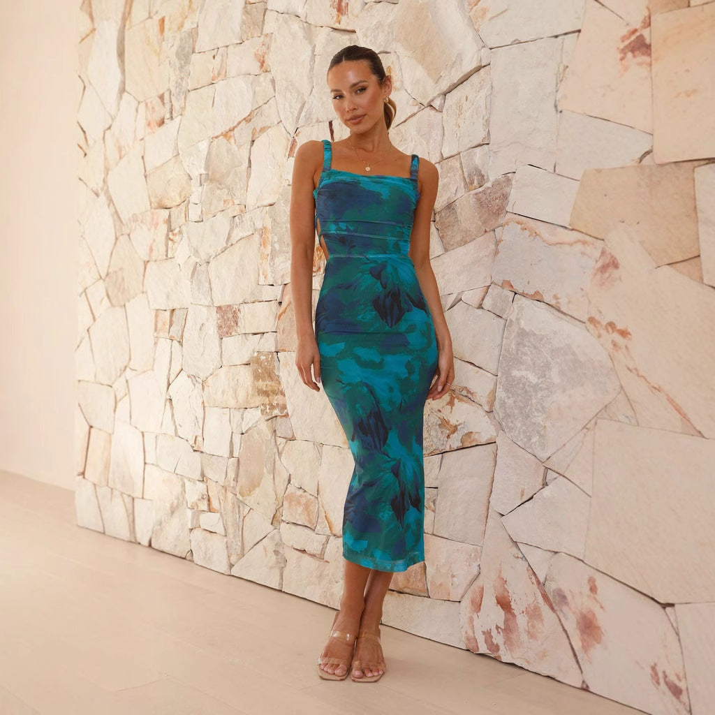 Damen Figurbetontes Midi-Kleid mit seitlichem Schlitz und Schulterträgern EB