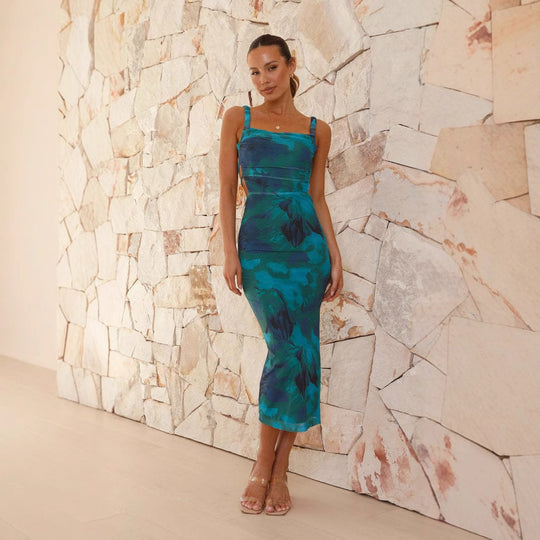 Damen Figurbetontes Midi-Kleid mit seitlichem Schlitz und Schulterträgern EB