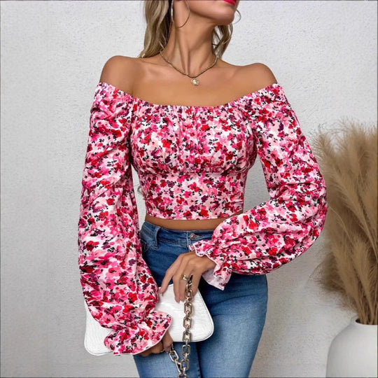 Damen Off-Shoulder Bluse mit Puffärmeln und floralen Mustern EB
