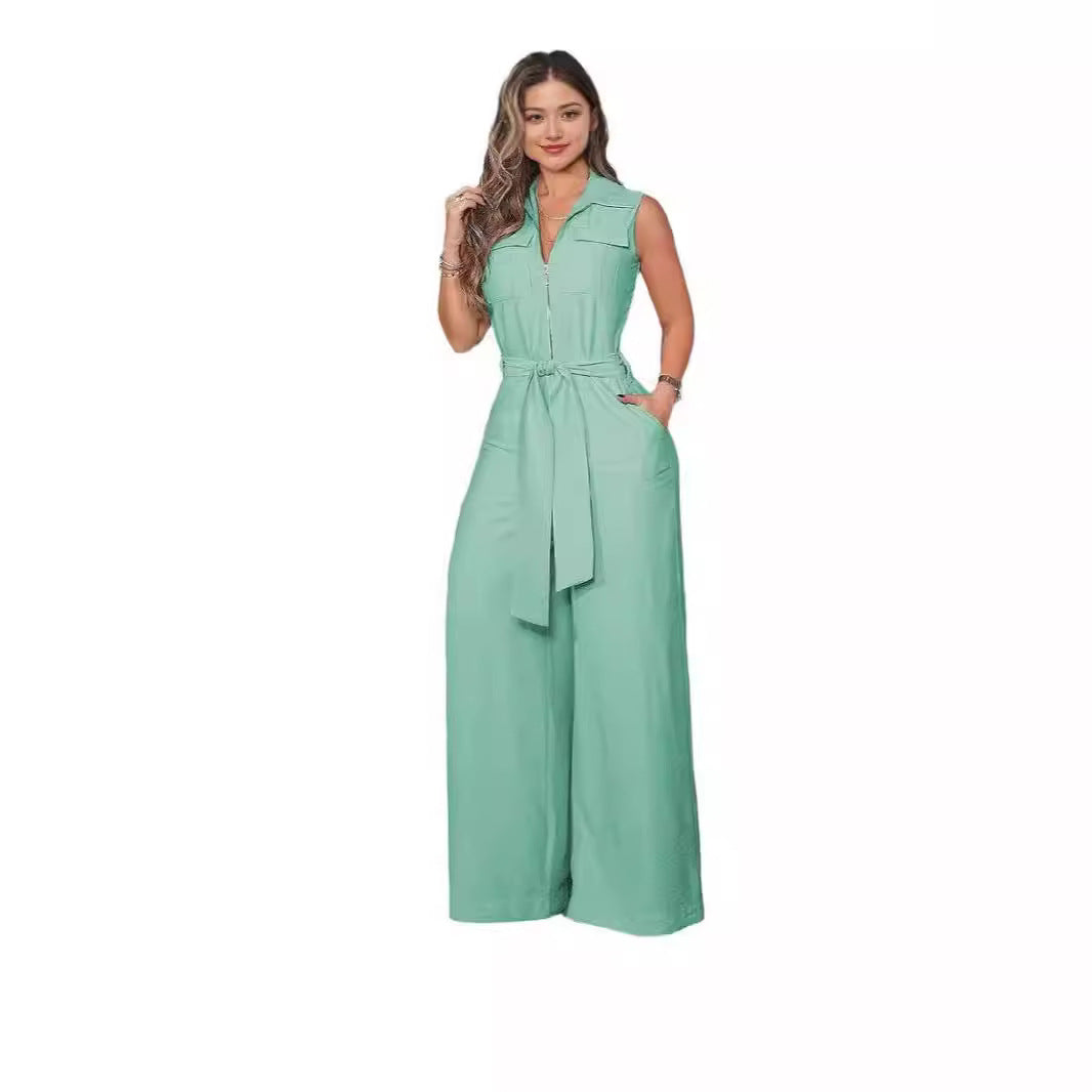 Damen Luftiger Jumpsuit mit Gürtel und Taschen EB