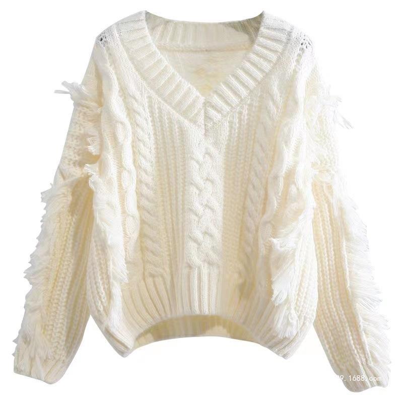 Damen Stylischer Strickpullover mit Fransen und Zopfmuster EB