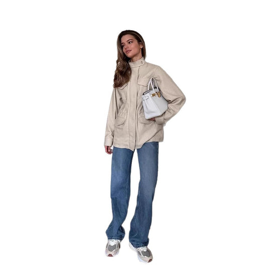 Damen lässige Utility-Jacke mit hohem Kragen und praktischen Taschen EB
