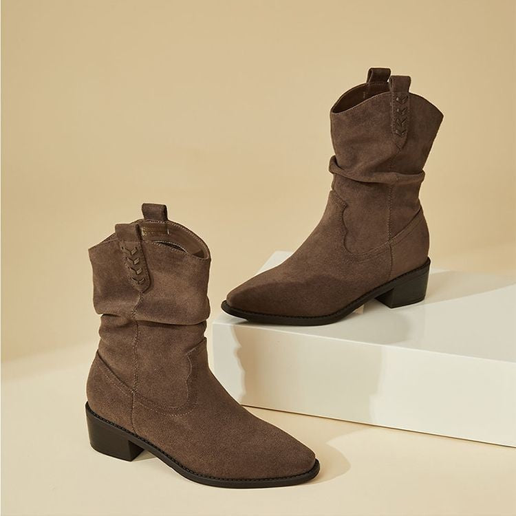 Damen modische Stiefeletten mit eleganter Faltenoptik und rustikalem Design EB