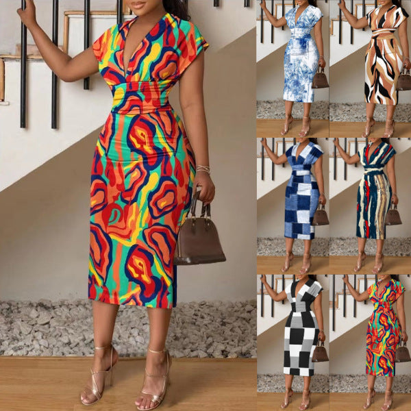 Damen Midi-Kleid mit modernem abstraktem Streifenmuster EB
