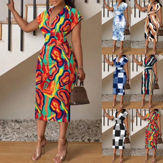 Damen Midi-Kleid mit modernem abstraktem Streifenmuster EB