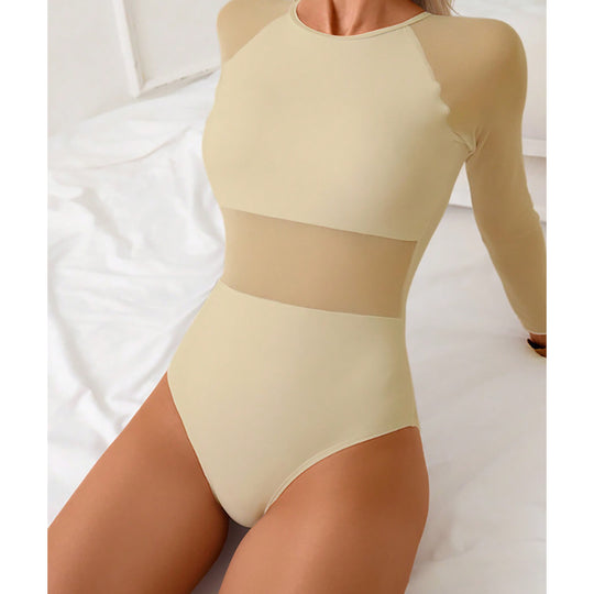Damen Sportlicher Einteiler Badeanzug mit transparenten Einsätzen EB