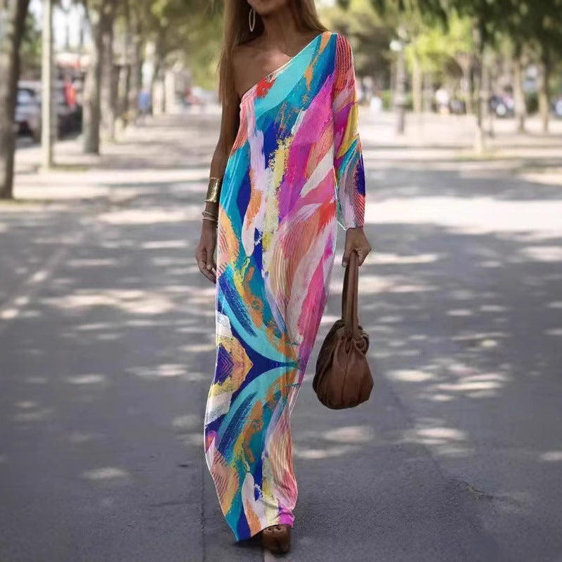 Damen Maxikleid mit asymmetrischem Schnitt und lebhaftem Farbdesign EB
