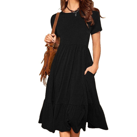 Damen lässiges Midikleid mit Taschen und voluminösen Rüschendetails EB