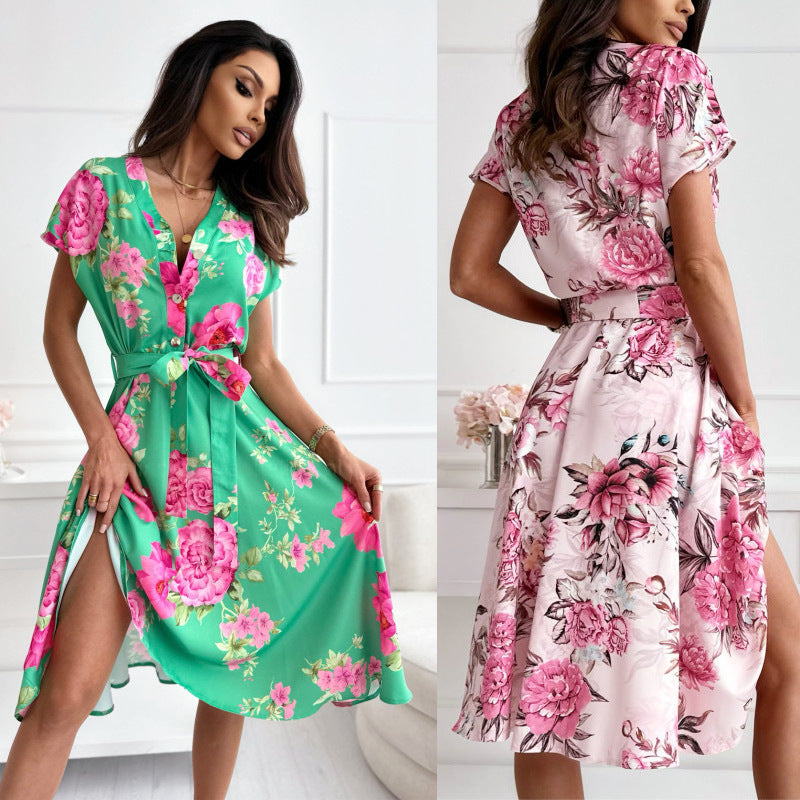 Damen Wickelkleid mit eleganter Blumenmusterung und Taillengürtel EB