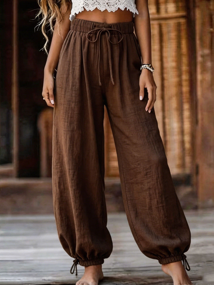 Damen Leichte Leinenhose mit weitem Bein und elastischem Bund EB