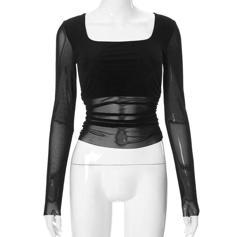 Damen Langarmoberteil mit gerafftem Design und elegantem Quadrat-Ausschnitt EB