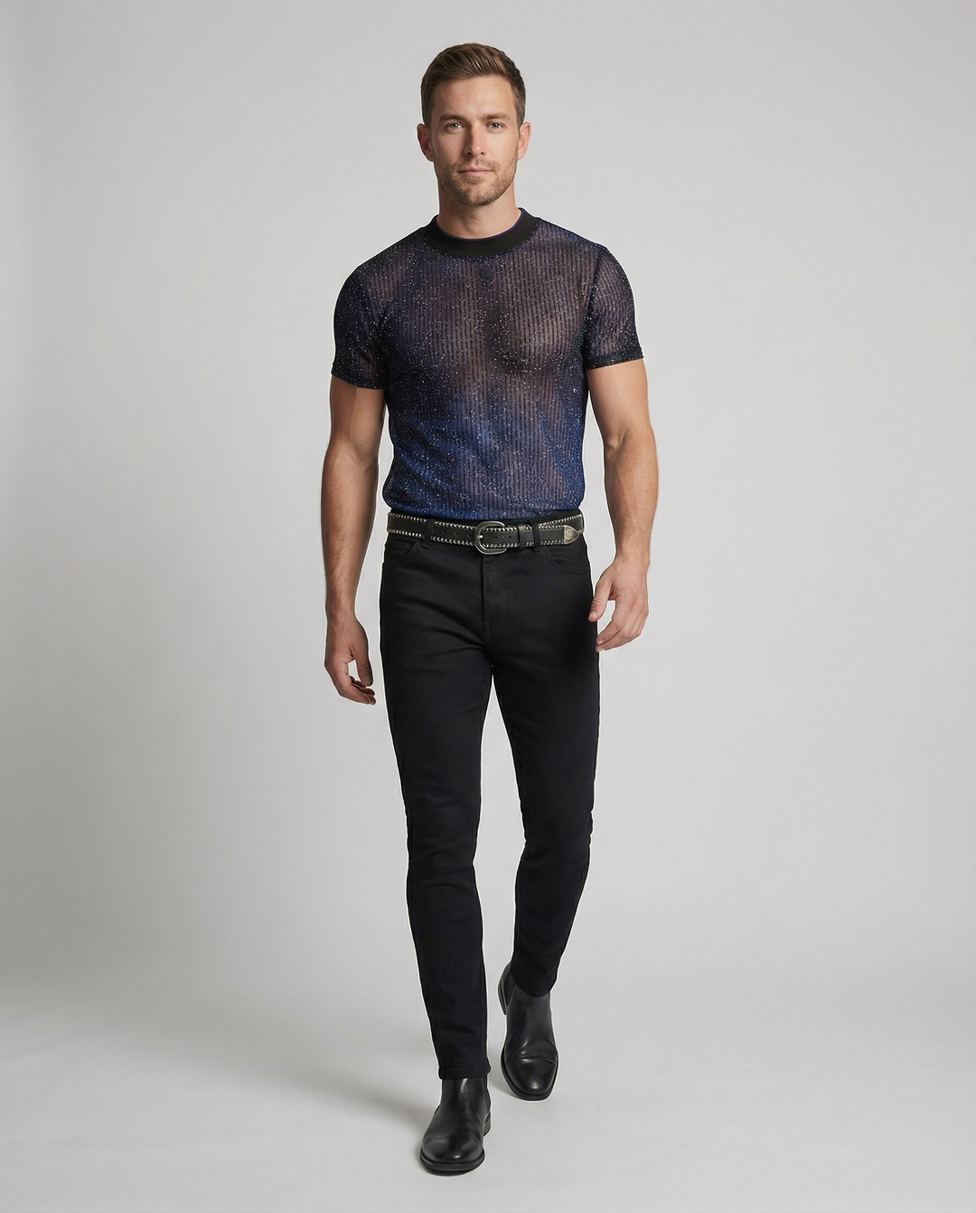 Herren Hochwertiges Mesh-T-Shirt mit glitzerndem Effekt EB
