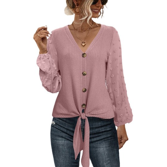 Damen modisches Blusenshirt mit Knopfdetails und voluminösen Ärmeln EB