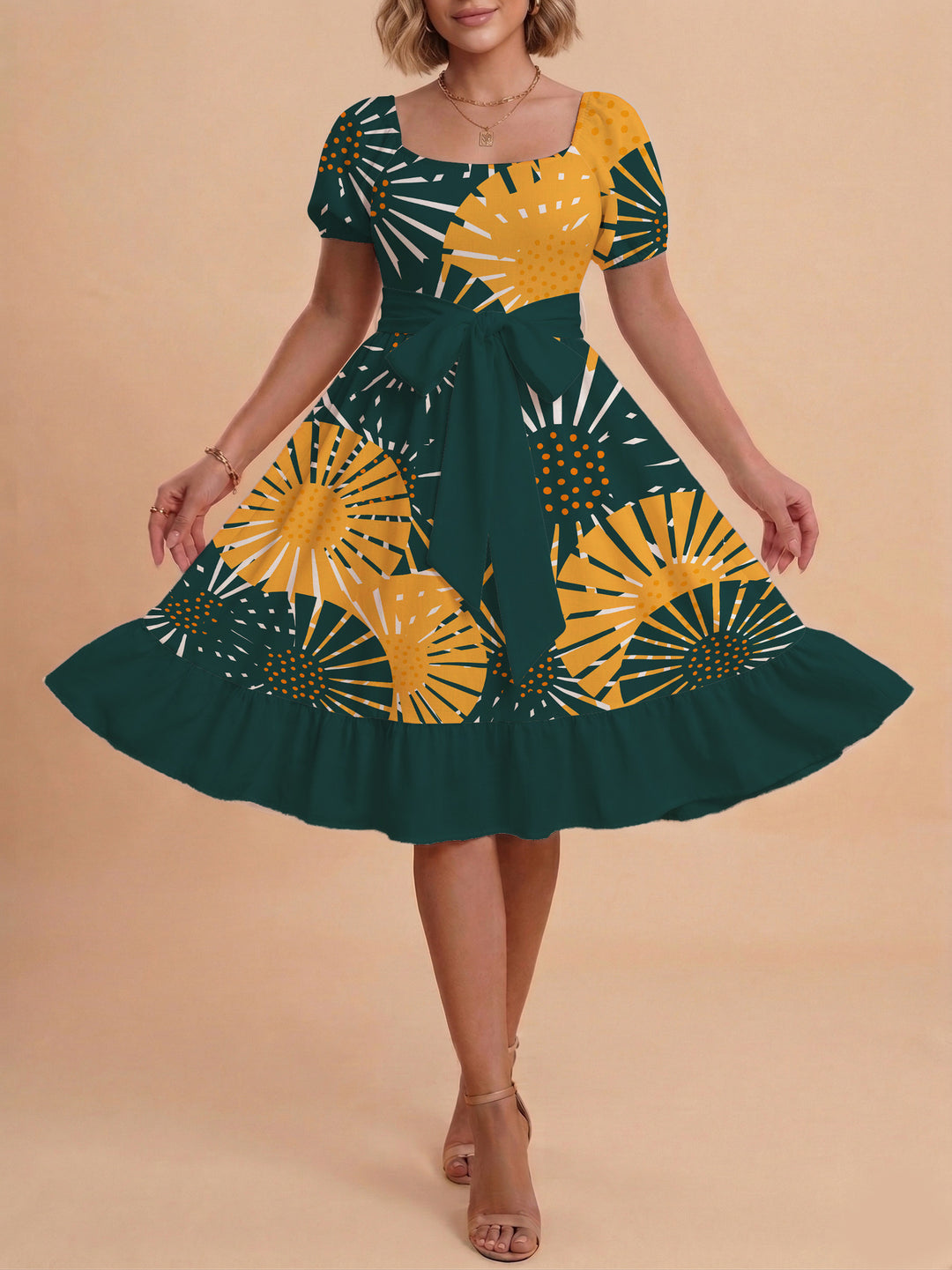 Damen elegantes Maxikleid mit floralem Design und Taillengürtel EB