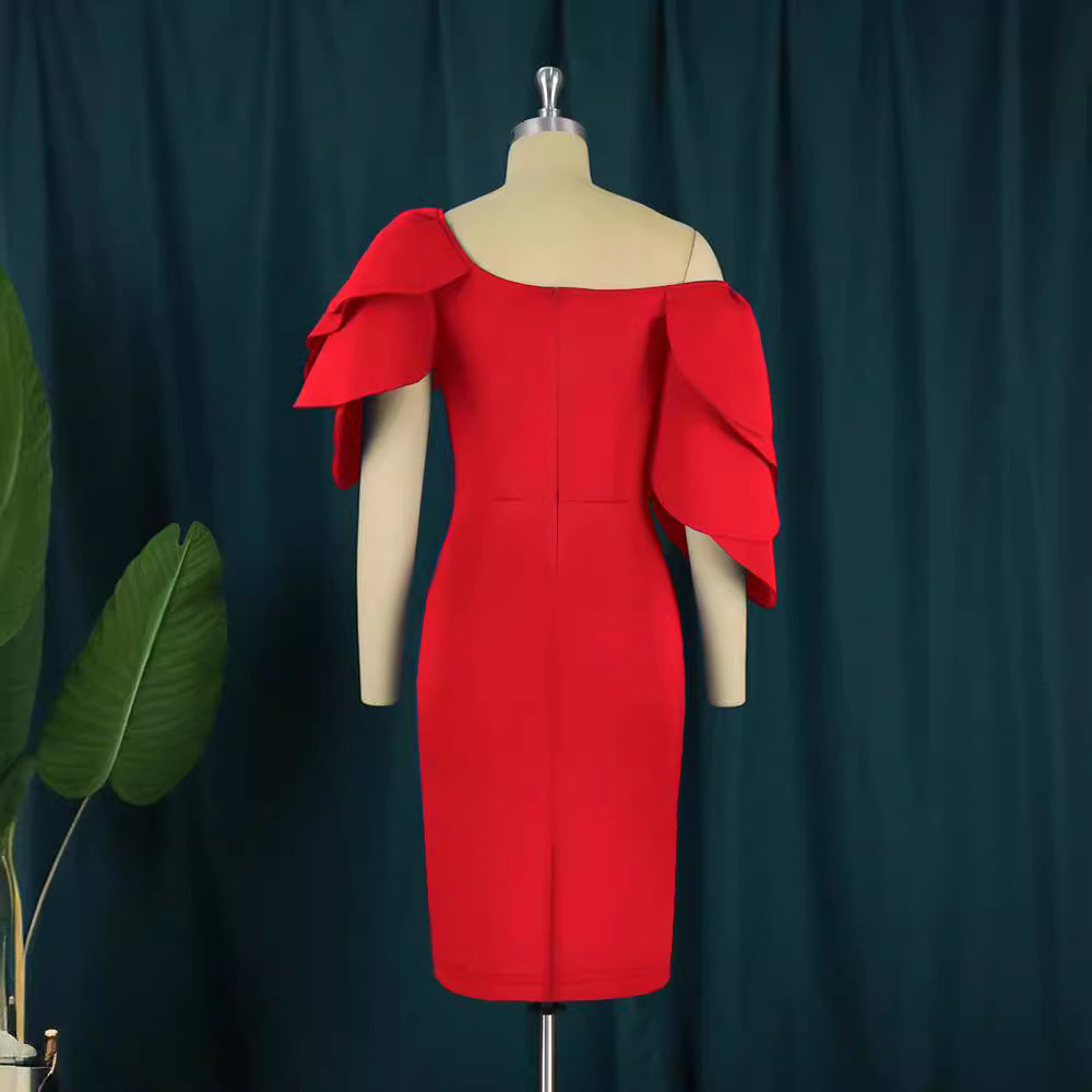 Damen Figurbetontes Kleid mit asymmetrischem Rüschen-Ausschnitt EB